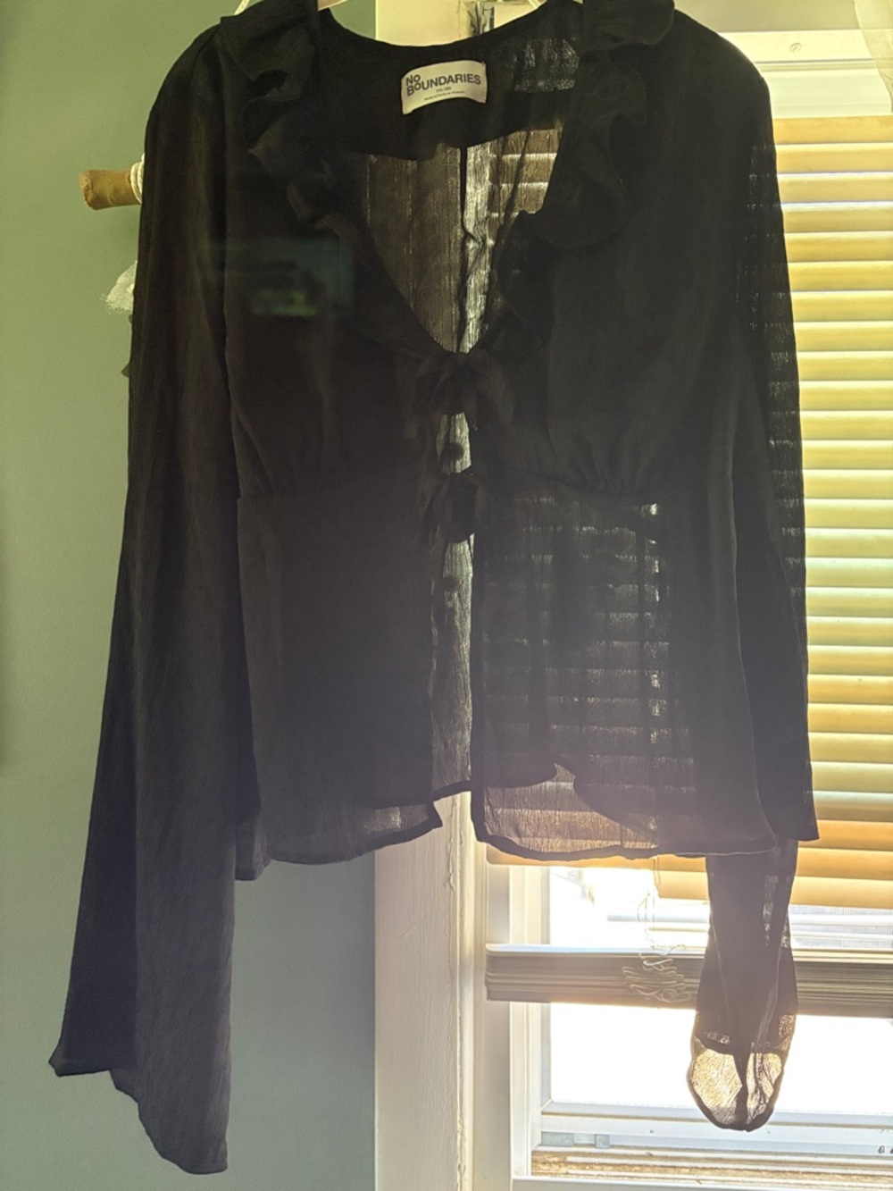 No Boundaries Black Ruffle Tie-Front Sheer Top